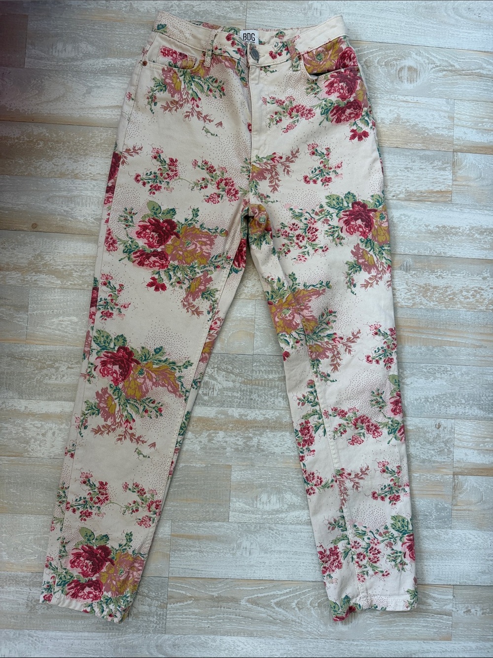 BDG Floral-Print Skinny Jeans in Cream with Red & Green Accents